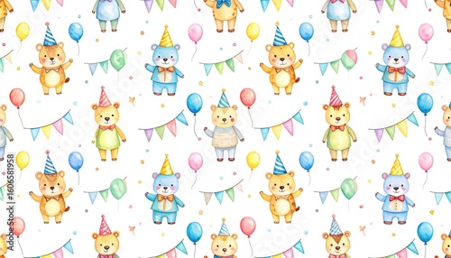 Watercolor celebratory design featuring adorable bears adorned in party hats and festive flags