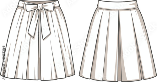 CAD drawing flat vector illustration, elegant white pleated skirt designs, bow-tied waist, plain waistband, technical fashion sketch, garment template