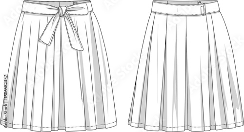 CAD drawing flat vector illustration, pleated skirt fashion sketch, bow detail front design, garment technical template, sewing pattern, apparel layout