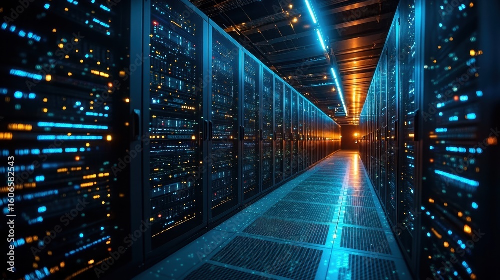 Fototapeta premium Highly advanced server room with illuminated data center equipment in operation