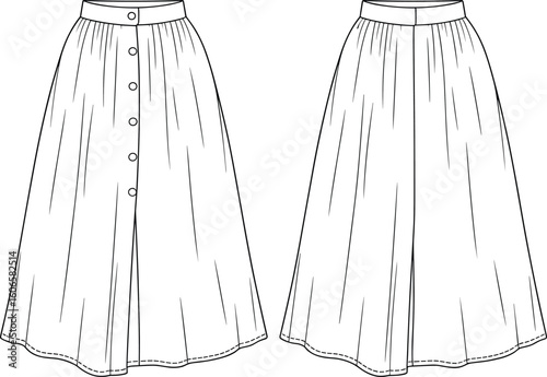 CAD drawing flat vector illustration, midi skirt technical sketch, button-front pleated style, plain front design, garment fashion template