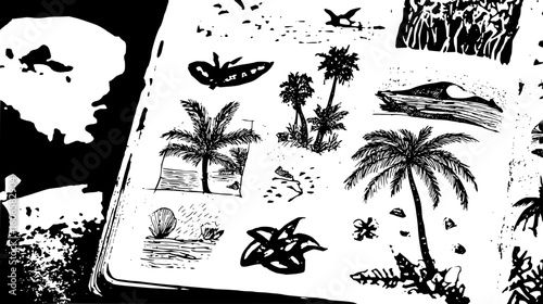 Black and white sketchbook drawing of tropical scenes with palm trees and coastal elements displayed