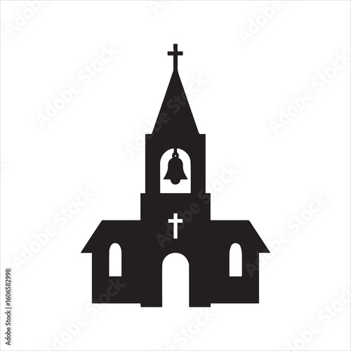 Church icon vector. Christian religion symbol. Black chapel silhouette with cross and bell. Faith, worship, and spiritual building illustration.
