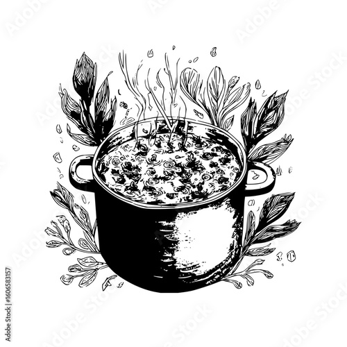 Illustration of a steaming pot filled with food, surrounded by stylized leaves in a black and white drawing