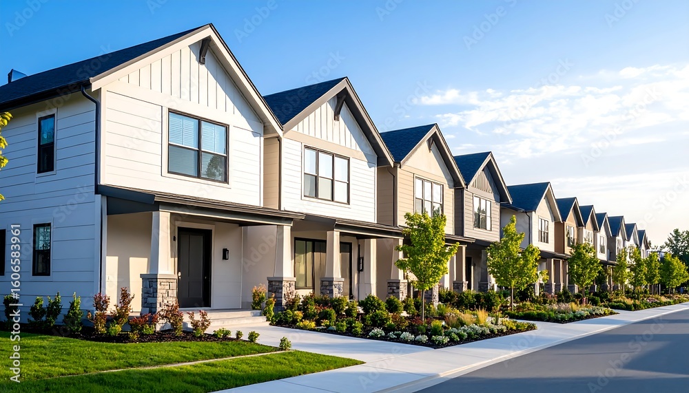 Row of suburban homes with modern design and well-maintained landscaping Row of suburban homes with modern design and well-maintained landscaping
