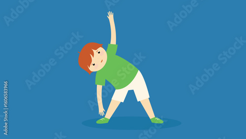 Boy doing exercise. Vector illustration in flat cartoon style on blue background.
