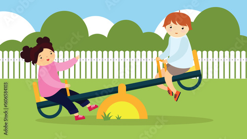 Children playing on a seesaw in the park. Vector illustration.