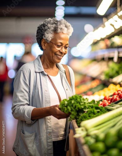 Elderly Woman Healthy Grocery Shopping – Fresh Vegetable Selection in Supermarket Produce Aisle