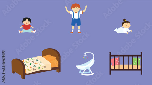 set of cute children in bed with clothes and toys vector illustration design