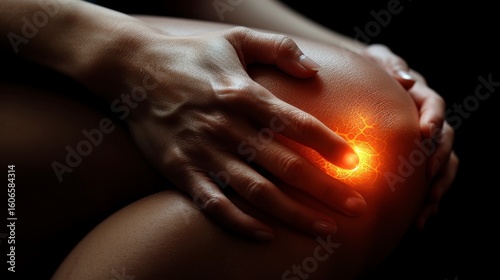Knee pain hands holding knee with a glowing spot