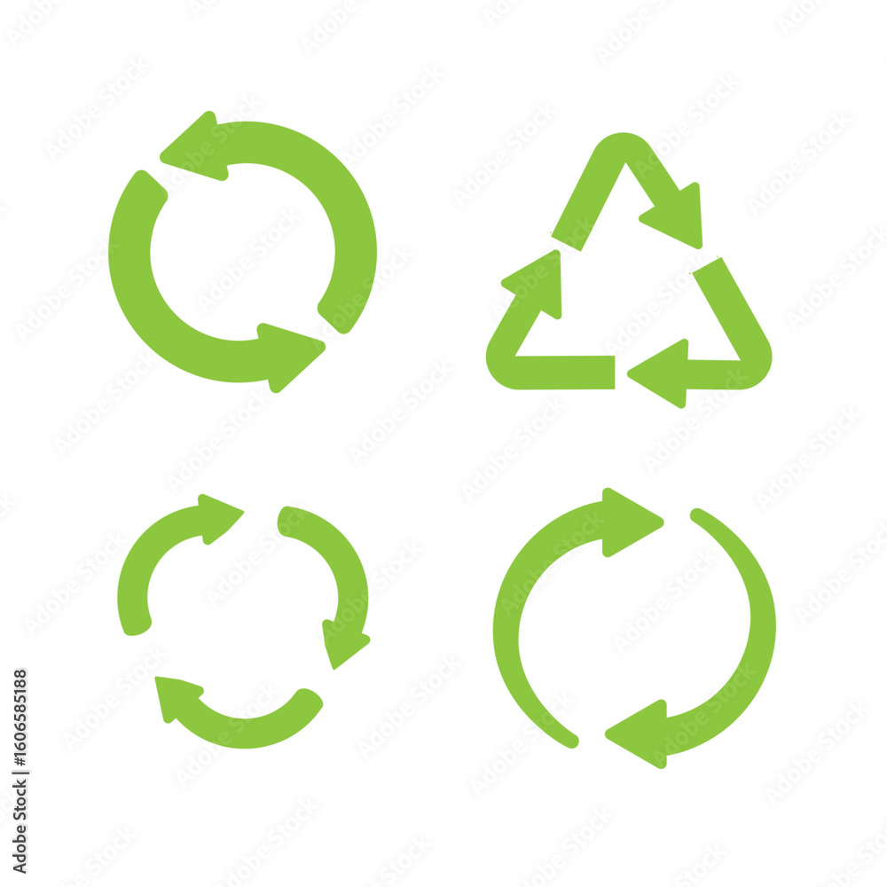 Fototapeta premium Green Recycling Arrows Symbols Set on White Background, Eco-Friendly Loop Icons: Sustainable Environmental Graphics, Set of Green Recycling Symbols for Environmental Concepts.