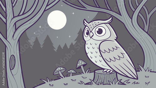Nocturnal Wisdom A Wise Owl Perched on a Tree Stump Under the Night Sky