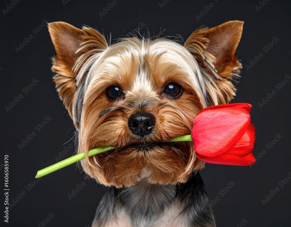Yorkshire Terrier with a Red Tulip Yorkshire Terrier with a Red Tulip