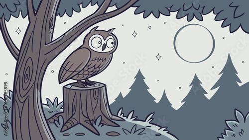 Nocturnal Wisdom Wise Owl Perched on a Tree Stump Under the Night Sky