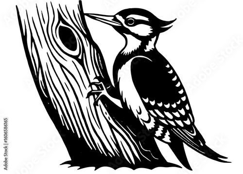 Majestic Woodpecker Pecking Tree Trunk A Detailed Illustration