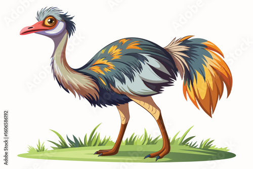 Stylized Ostrich Standing Proudly on a Grassy Patch Detailed Colorful Vector Art Portraying the Majestic Bird on Display