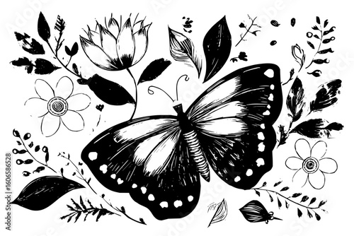 Monochrome butterfly illustration with floral elements and leaves in a decorative arrangement design