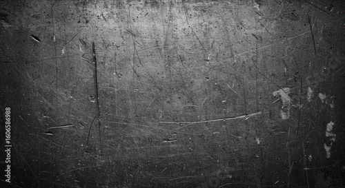 Dark, scratched metal surface with visible wear and tear, creating a textured and aged industrial aesthetic.