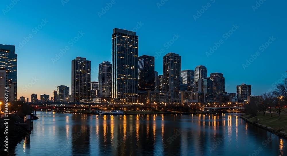 Obraz premium The Chicago skyline gleams at dusk, with towering skyscrapers reflecting in the river, their lights illuminating the calm waters and creating a vibrant urban nightscape.