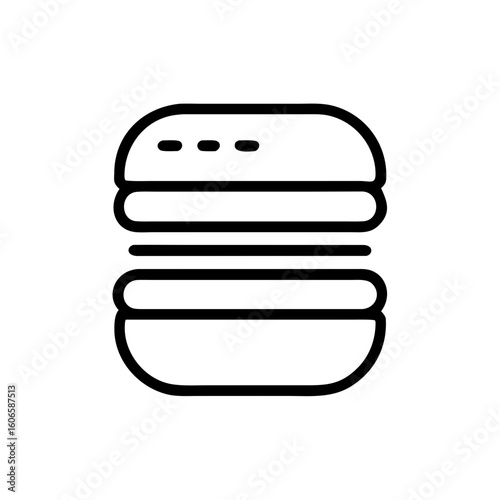 Hamburger Icon: A simple line drawing of a classic hamburger, showcasing the quintessential elements: bun, patty, and fixings, representing fast food simplicity