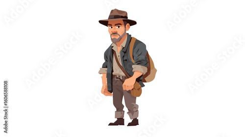 A digital illustration of a cartoon explorer character. The character is a man with a slightly exaggerated physique, wearing a wide-brimmed hat, a dark-colored jacket, light-brown pants, and dark