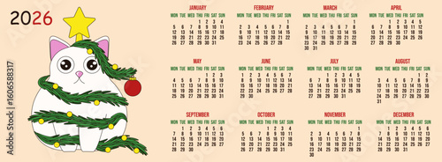 2026 New Year Calendar. Vector illustration of horizontal 2026 Calendar design with whimsical cute cat in christmas tree branch. Perfect 2026 Calendar layout. EPS 10