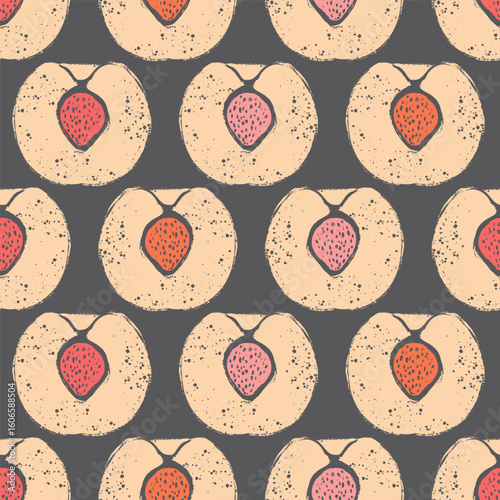Peaches Halves with Pits Vector Seamless Pattern