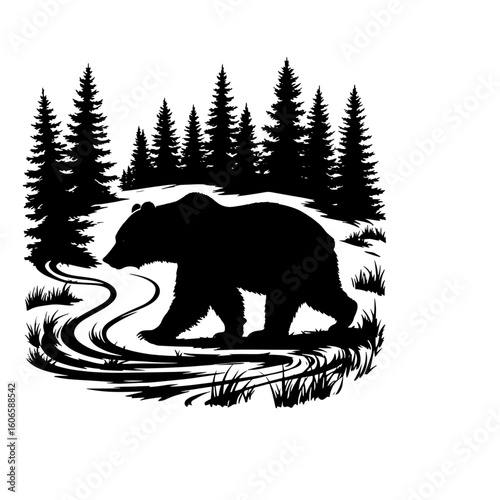 Brown bear on a path in the forest, silhouetted black and white sketch. Vector illustration. A grizzly bear in the wild among the mountains, isolated on a white background.