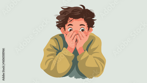 A digital illustration depicting a surprised boy. The style is cartoonish with soft, painterly brush strokes. The boy has brown, curly hair and is depicted from the chest up, leaning forward with