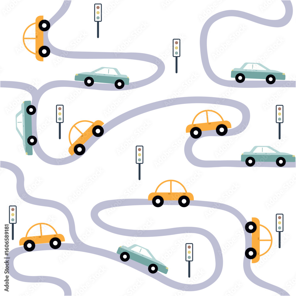 Fototapeta premium Multicolored Cars On Zig Zag Road with Traffic Lights Repeat Vector Kids Pattern 
