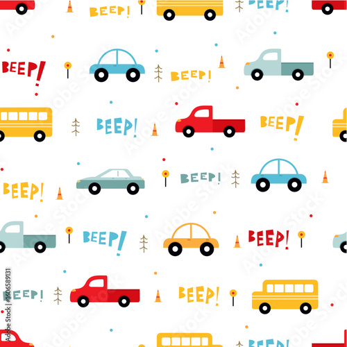 Multicolored BEEP with Multi Vehicles Repeat Vector Kids Pattern 