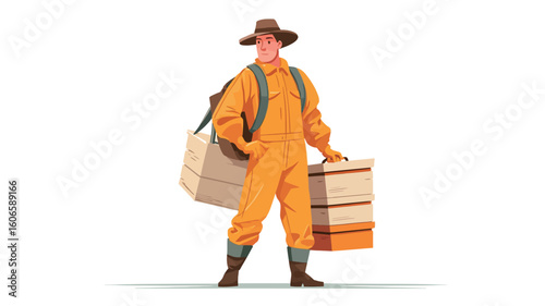 A vector illustration depicting a male explorer in an orange jumpsuit and brown hat. He carries a large backpack and a folded map. The style is cartoonish and reminiscent of vintage illustrations.