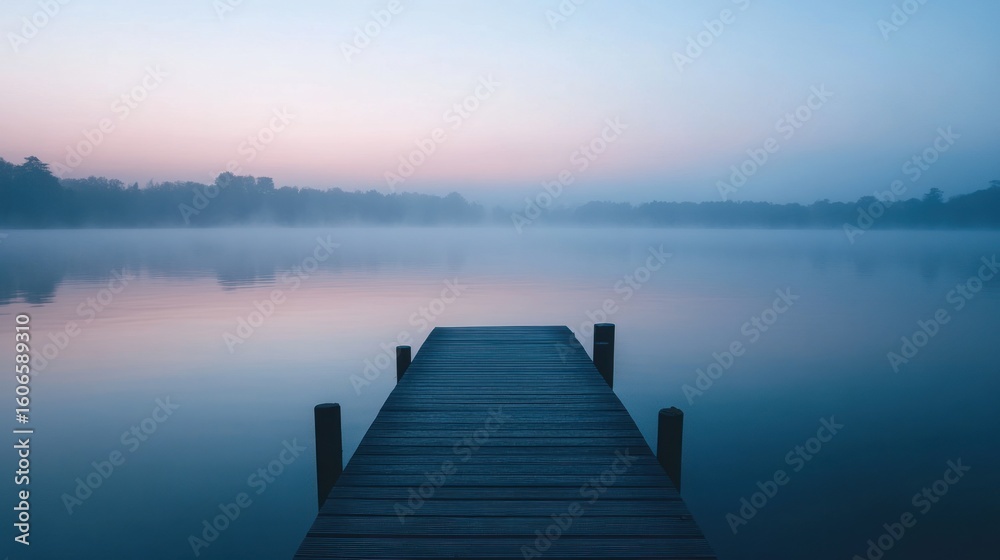 Naklejka premium Misty lake dock at dawn