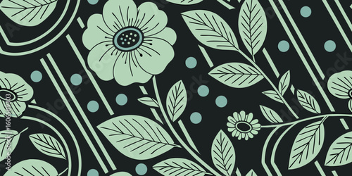 Retro-inspired vector design with bold green floral shapes, blue semi-circles, striped patterns on black background, central text area with 'BACKGROUND' and placeholder description