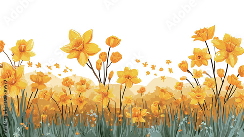 A close-up shot depicts a field of yellow daffodils against a white background. The daffodils are in various stages of bloom, some fully open, others in bud. The focus is sharp on the flowers in