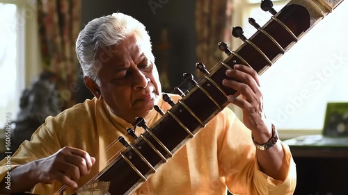 An elderly Indian musician with white hair skillfully plays a classical melody on a sitar at home.