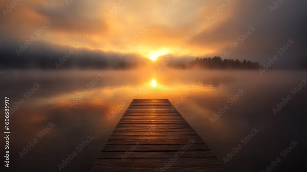 Fototapeta premium Sunrise over a lake with a wooden dock