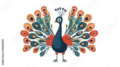 A stylized illustration of a peacock facing forward with its tail feathers fully displayed. The peacock's body is a dark teal, and its legs are a lighter shade. The tail feathers are a mix of teal,