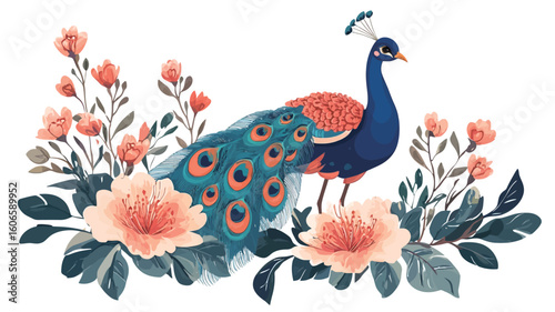 A digital illustration depicting a peacock positioned centrally within a  floral arrangement. The peacock is rendered in shades of blue, teal, and orange-red, with detailed feather patterns. 