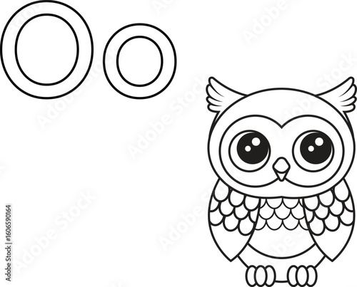 Isolated Alphabet coloring page letter O with owl. Good for preschool learning, early literacy activities, homeschooling, and printable worksheets