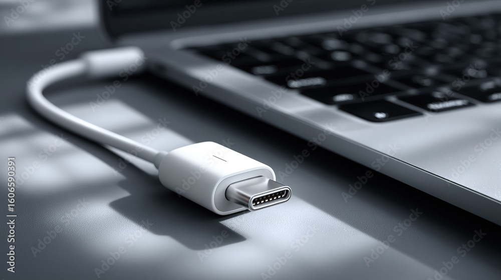 Fototapeta premium Type-C data cable and laptop