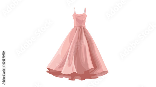 A digital illustration of a peach-colored ball gown. The dress features thin straps, a fitted bodice, and a full, flowing skirt. The fabric appears smooth and possibly satin-like, with subtle folds