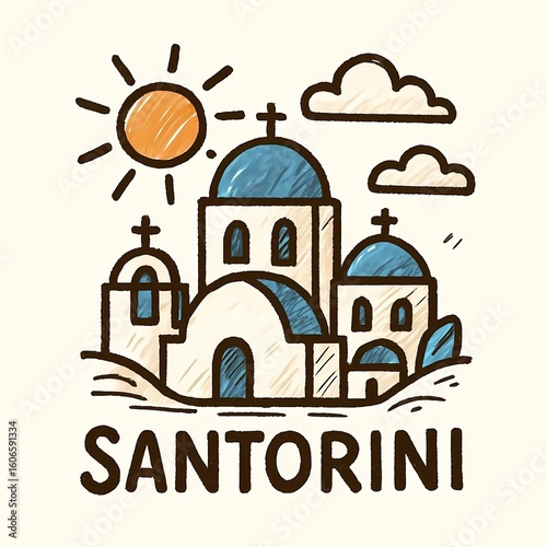Charming Santorini village scene with iconic blue domes under a sunny sky