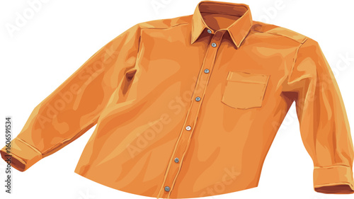 A digital illustration of a long-sleeved, button-down, orange shirt is presented against a white background. The shirt is depicted casually draped, showcasing its texture and the details of the