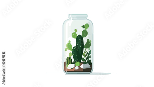 A vector illustration depicting a simple terrarium contained within a clear glass jar. The terrarium features a central cactus, smaller succulents, and white pebbles or stones.