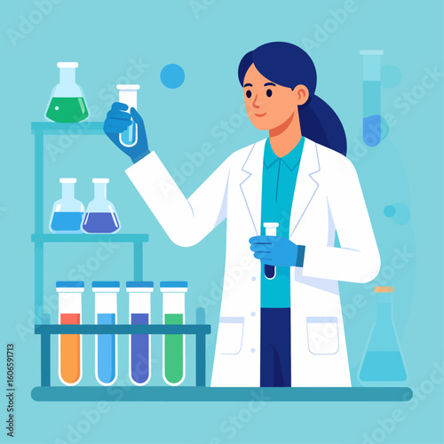 A female scientist in a lab coat examines colorful test tubes filled with liquids.