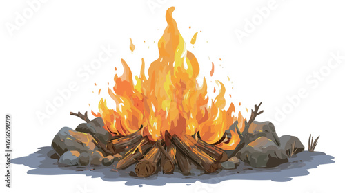 A digital illustration depicting a campfire against a white background. The campfire is composed of several logs burning brightly, producing large, orange and yellow flames. The logs are situated