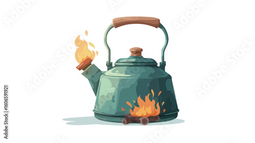 Digital illustration of a teal or green kettle with a wooden handle sitting on a small campfire. The kettle is depicted in a cartoon or whimsical style with visible texture and shading. 