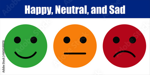 Three Emoji Faces Showing Happy, Neutral, and Sad. Three colored emoji faces expressing happy, neutral, and sad emotions side by side.