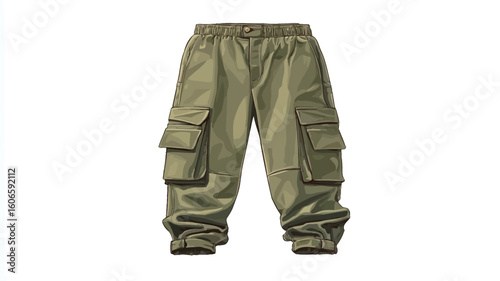 A studio shot against a white background shows a pair of olive green cargo pants. The pants are designed with multiple cargo pockets on the sides and legs, a drawstring elasticated waistband,